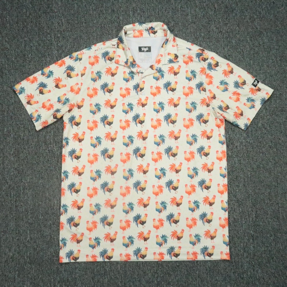 Waggle Shirt Mens Large Cream Cocky Rooster Performance Short Sleeve Golf Polo